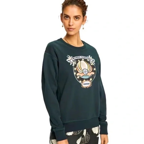 Scotch & Soda Dark Green Long Sleeve Cotton Artwork Sweatshirt Size Small - Picture 2 of 9